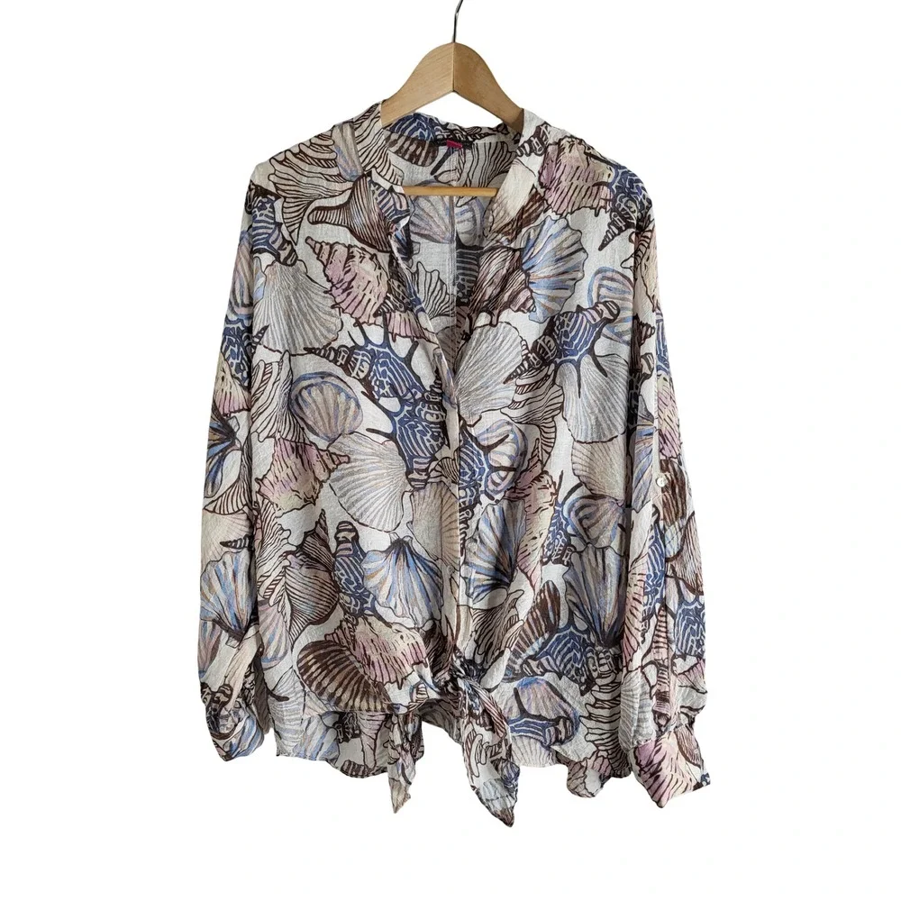 Vince Camuto Coastal Seashell Print Tie Front Blouse Blue Brown Beachy Boho 3X